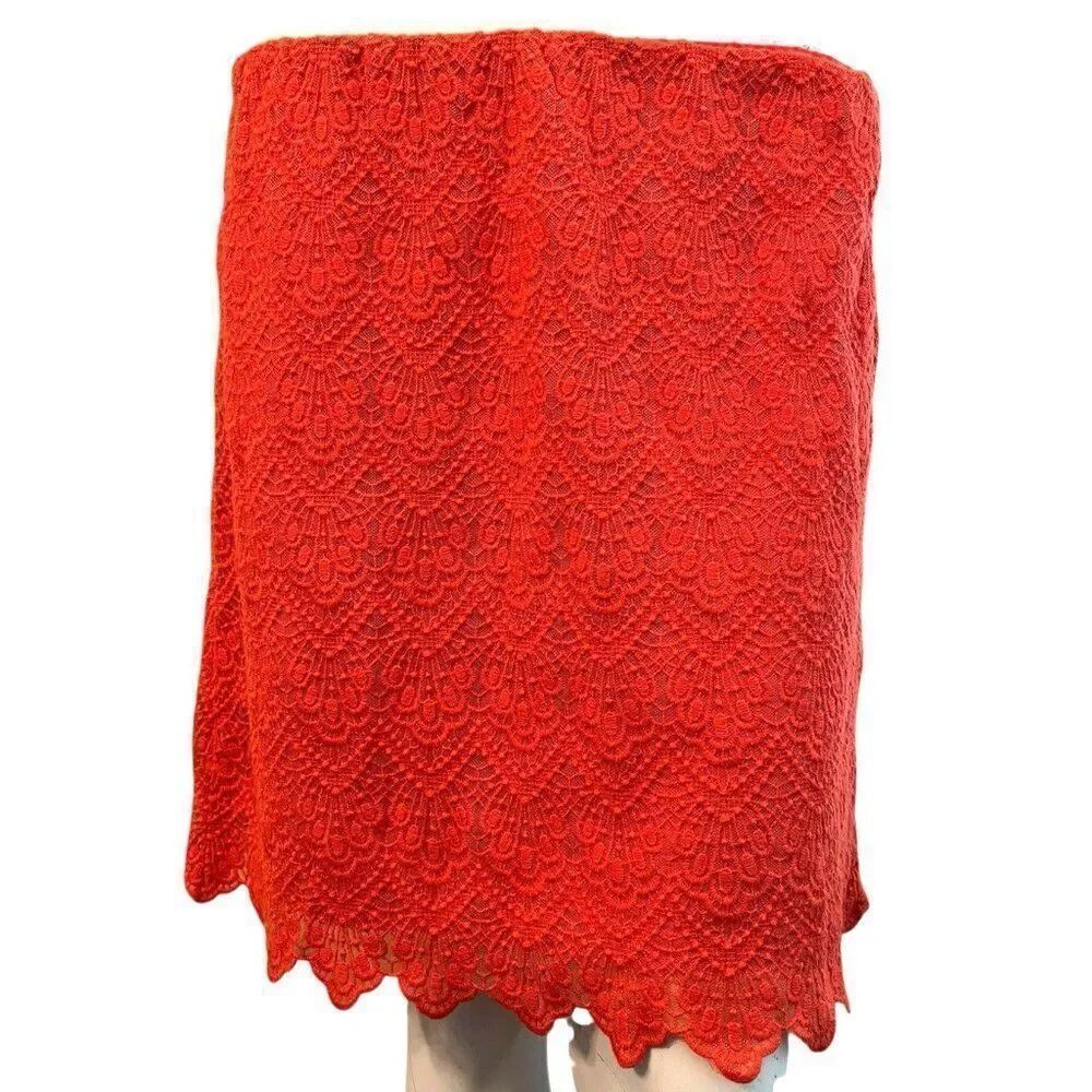 J Crew Size 10 Orange Red Lace Eyelet A Line Midi Skirt Pull On Career Party